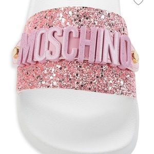 Logo Glitter Platform Slides, Moschino Couture
